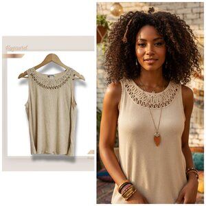 🌿Nygard Sleeveless.Shimmer Tan Knit Top with Crochet Yoke - Size XL